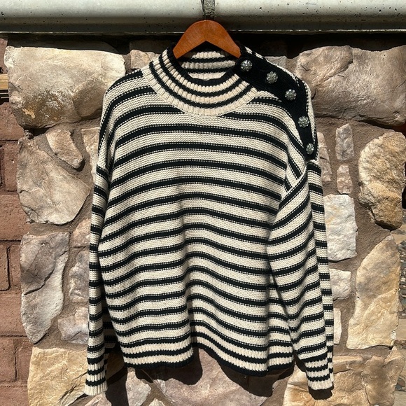 J. Crew Lambs Wool Cable Knit Sweater Mock Neck Striped Jewel Buttons Size 2X - Picture 1 of 13